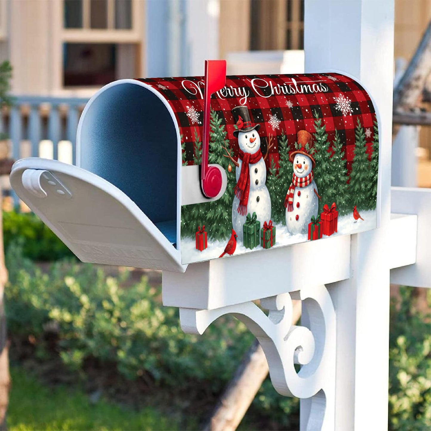 Texupday Merry Christmas Snowman Cardinal Buffalo Plaid Mailbox Cover with Magnetic Strip Winter Holiday Mailbox Wraps Post Letter Box Cover Standard Size 21" X 18" for Garden Outdoor Yard Decor