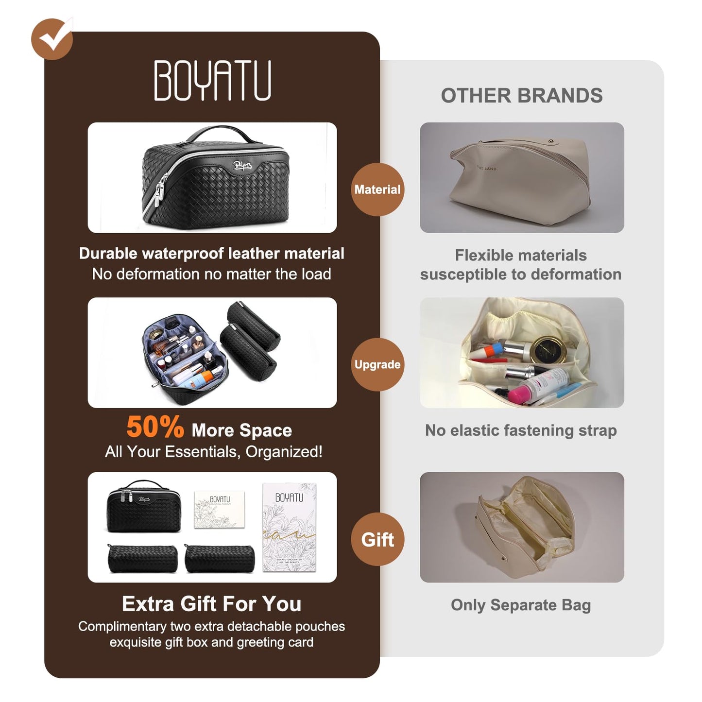 BOYATU Travel Makeup Bags for Women: 3 Pcs Large Make up Bags Set - Vegan Leather Cosmetic Bag for Traveling - Waterproof Toiletry Organizer (L05 Black)