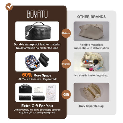 BOYATU Travel Makeup Bags for Women: 3 Pcs Large Make up Bags Set - Vegan Leather Cosmetic Bag for Traveling - Waterproof Toiletry Organizer (L05 Black)