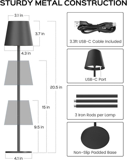 JACKYLED Cordless Table Lamps Rechargeable, 3 Adjustable Height, 5000mAh Battery Operated, 3 Colors Smooth Dimming, Portable LED Waterproof Table Lamp for Dining, Bedroom, Outdoor (2 Pack)