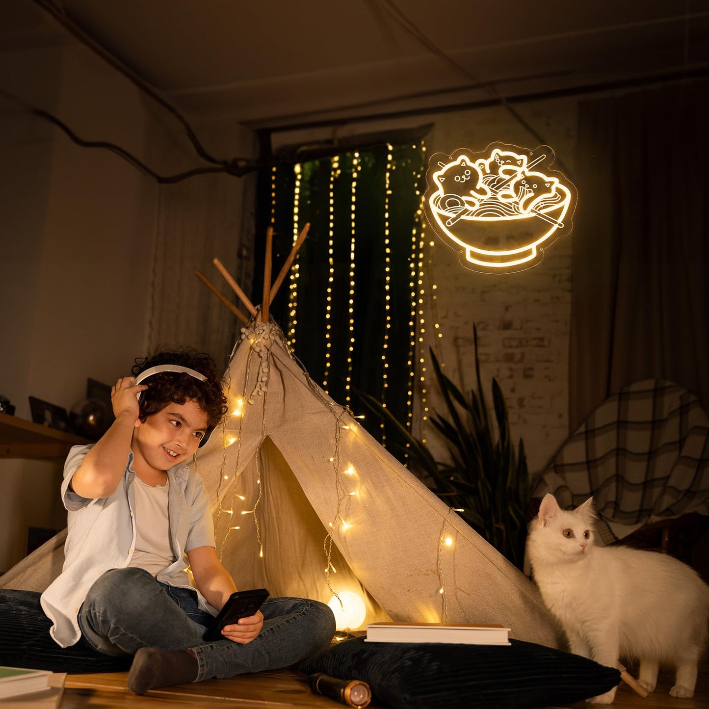 Ramen Neon Sign, Warm White Cat Noodles Led Sign for Baby Girls Room, Dimmable Noodle Cat Light Up Neon Signs for Wall Decor, Restaurant, Home, Bar, Kitchen, Dining, Bedroom, Art Decor