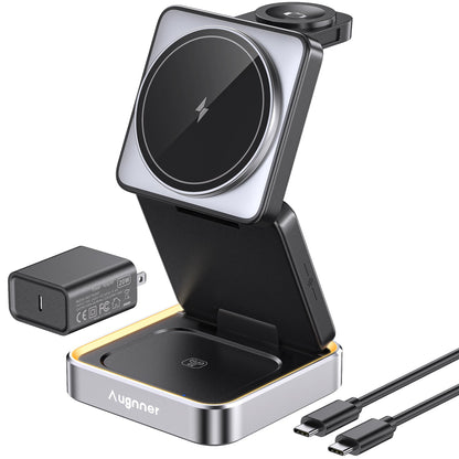 【2025 Upgraded】Wireless Charger 3 in 1, Foldable Wireless Charging Station with Night Light for Apple MagSafe Charger, Travel Magnetic Charger Stand, Nightstand Fast 15W Charging Station (20W Adapter)