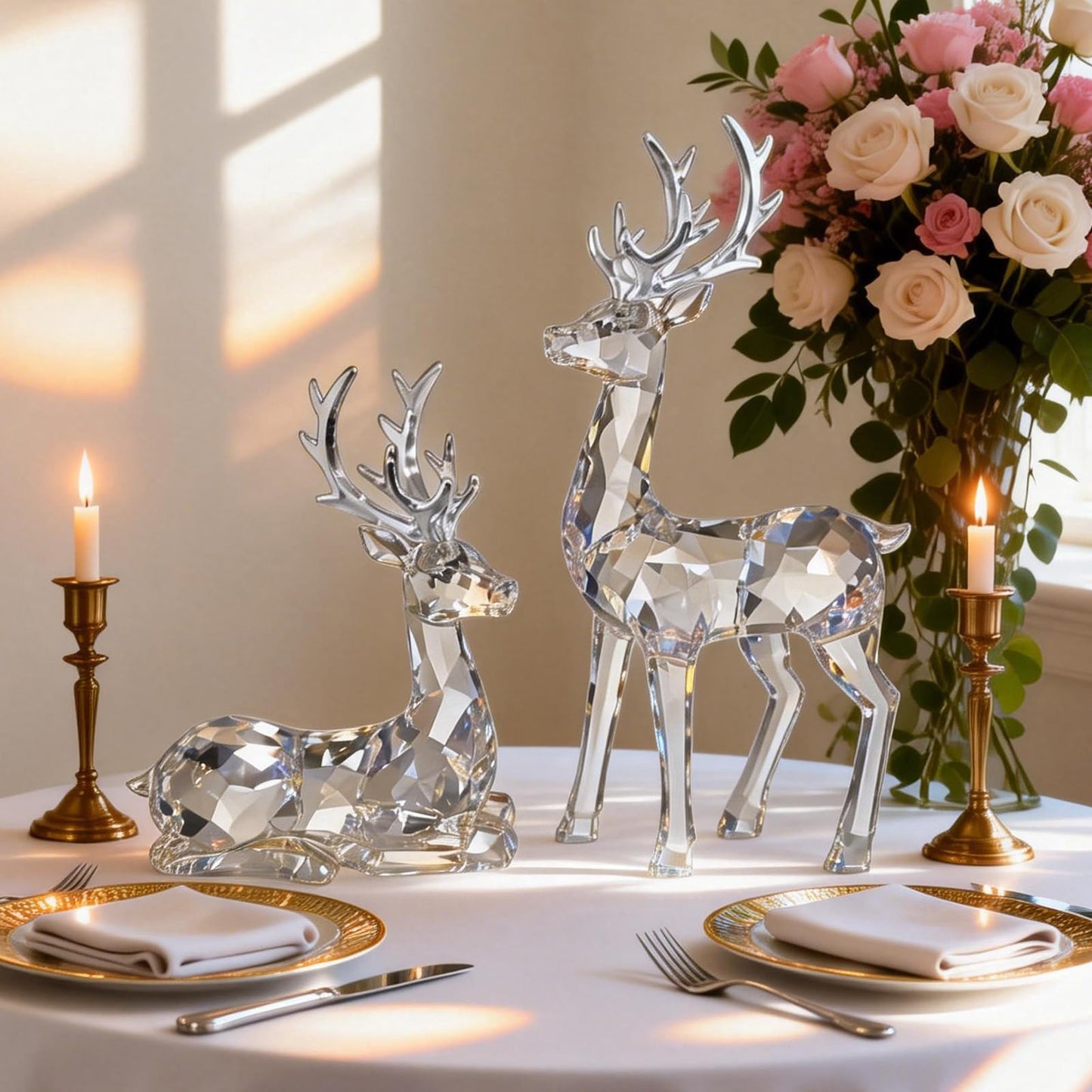 EverZenHub Christmas Decorations, Reindeer Figurines Set of 2 - Resin Deer Statues for Xmas Tabletop, Fireplace Mantel, Shelf Decor | Holiday Home Décor Ornaments & Gifts