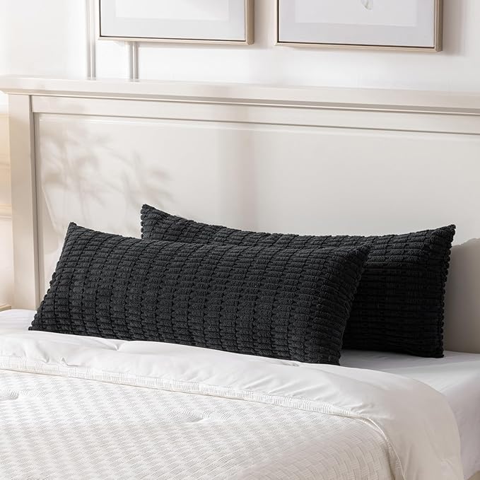 Fancy Homi Black Long Body Lumbar Decorative Throw Pillow Covers 20x54 Inch for Bed Couch Bedroom Bench, Soft Corduroy Rectangle Solid Pillow Case, Rustic Farmhouse Boho Room Decor