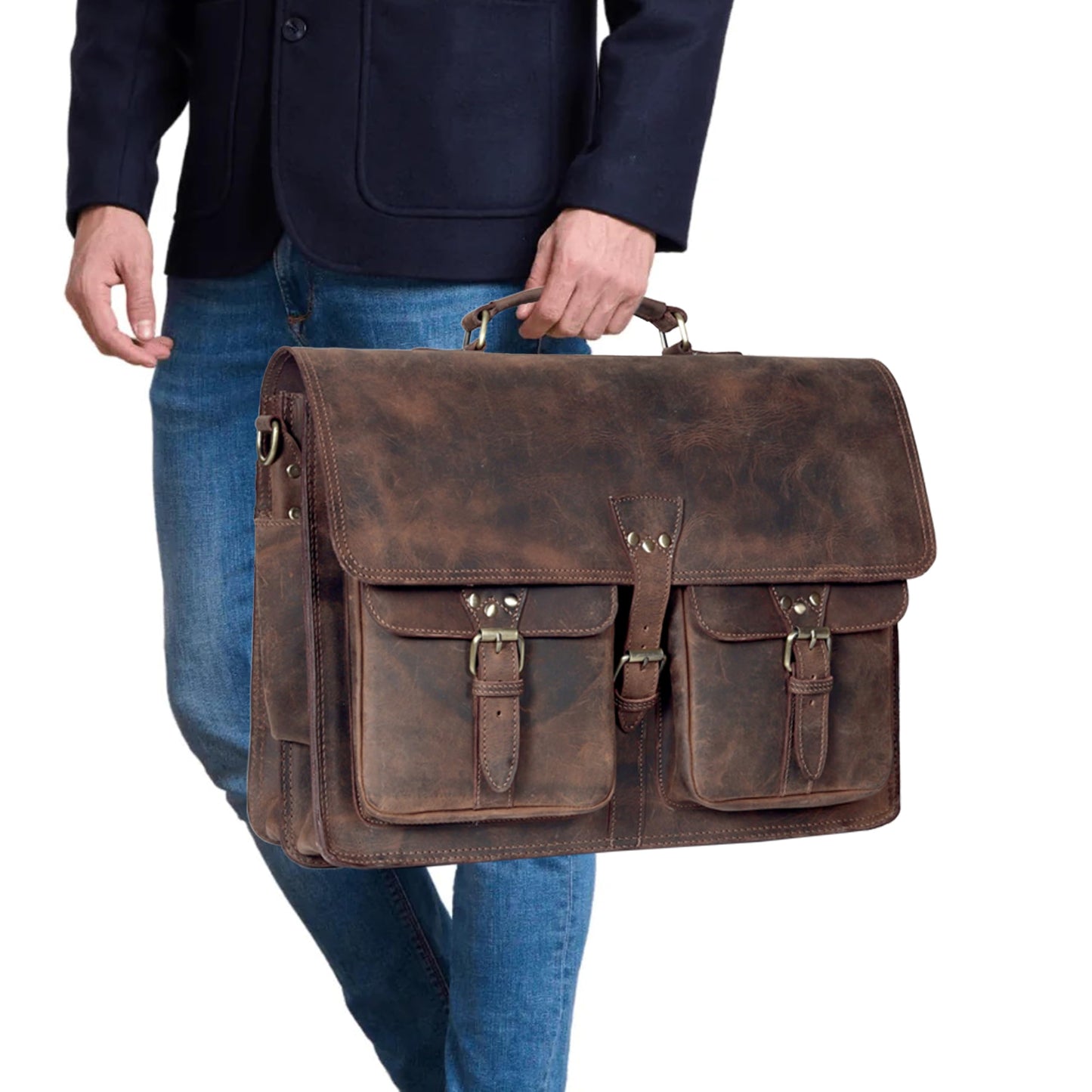 Vintage Leather Messenger Bag for Men & Women, Multi-Pocket Briefcase Satchel, 16 Inch Laptop Shoulder Bag – Brown (Vintage Brown, 16 inch Medium)