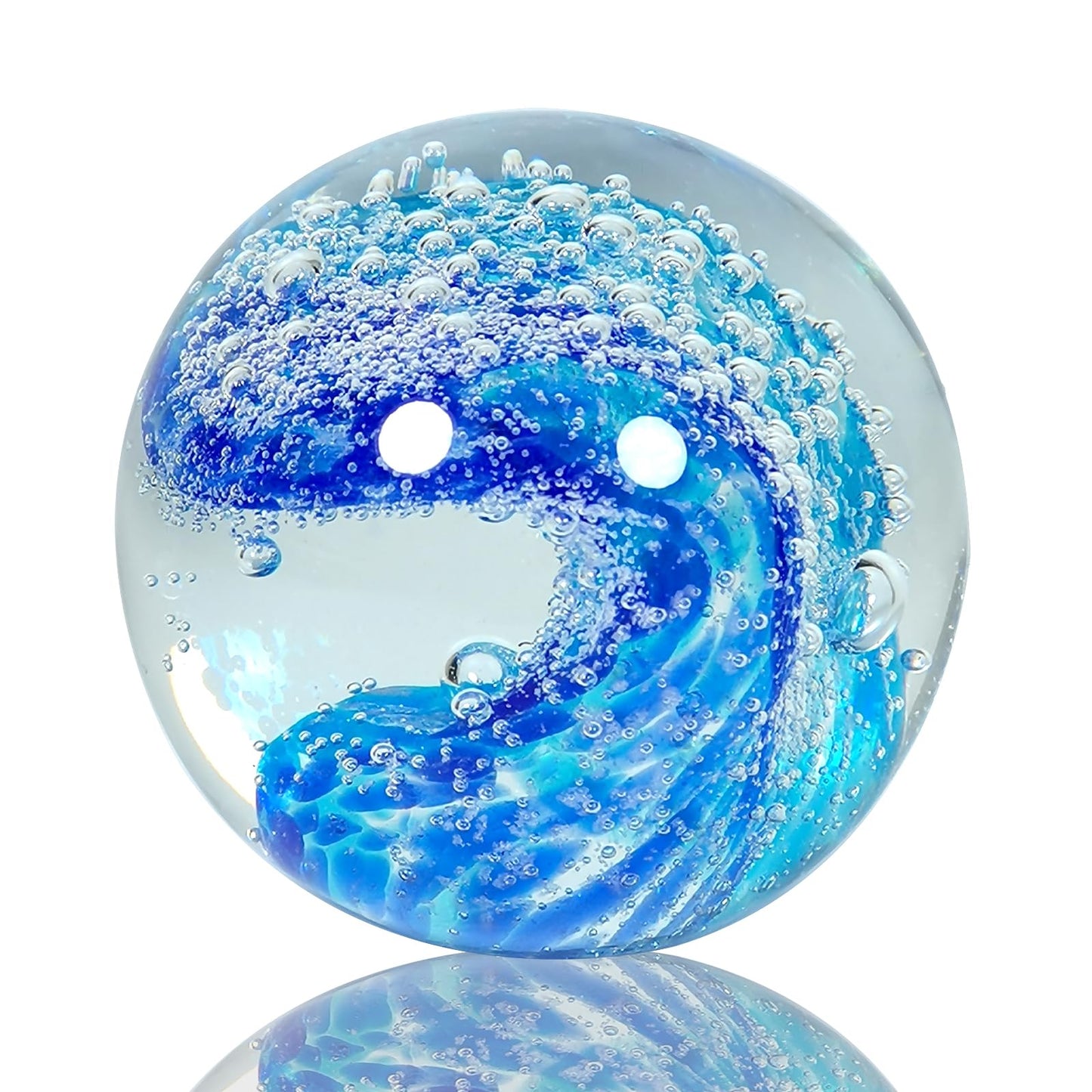 JUYOULE Hand Blown Glass Decorative Balls：Unique Ocean Wave Design, Elegant Paperweights for Office Desk, Coastal Room Decor, Beach Bathroom Decor, Sea Glass Art, Ocean Gift Idea （Blue）