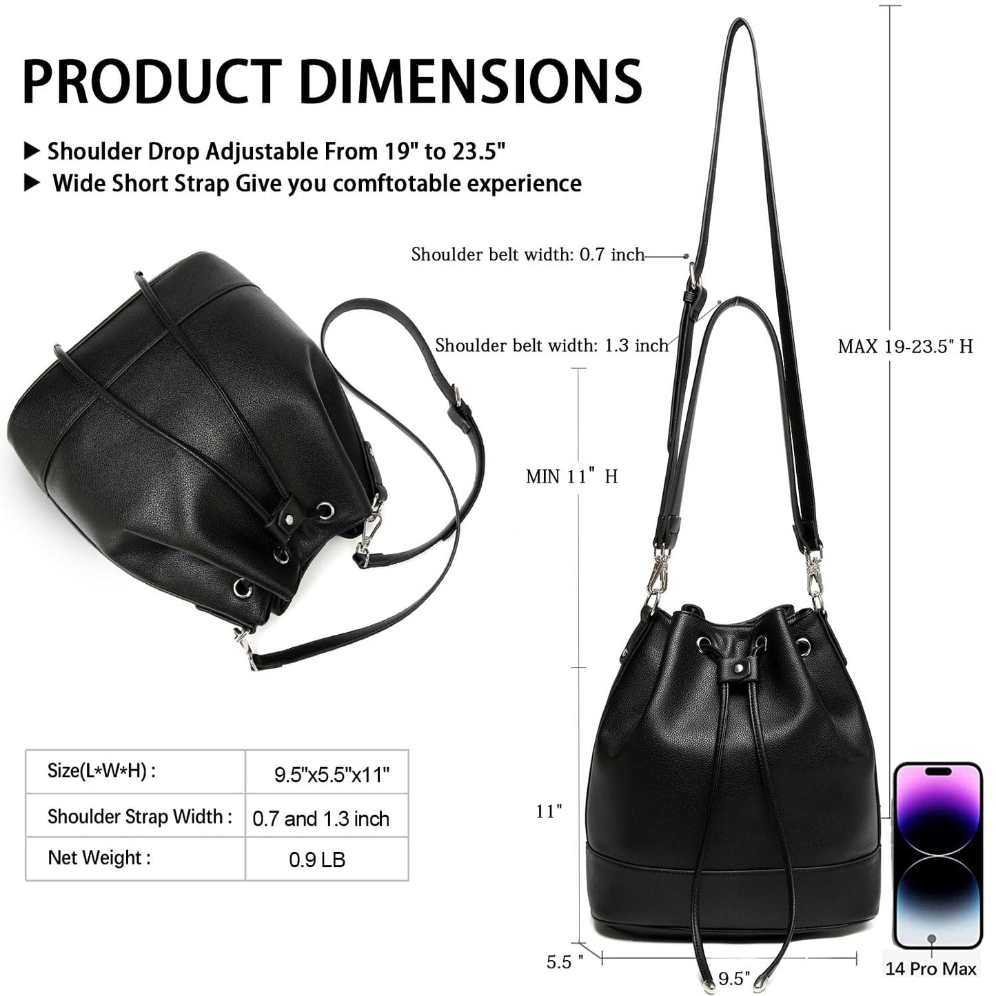 AFKOMST Leather Bucket Bags and Drawstring Crossbody Purse for Women Medium Tote and Hobo Handbags with 2 Shouder Straps