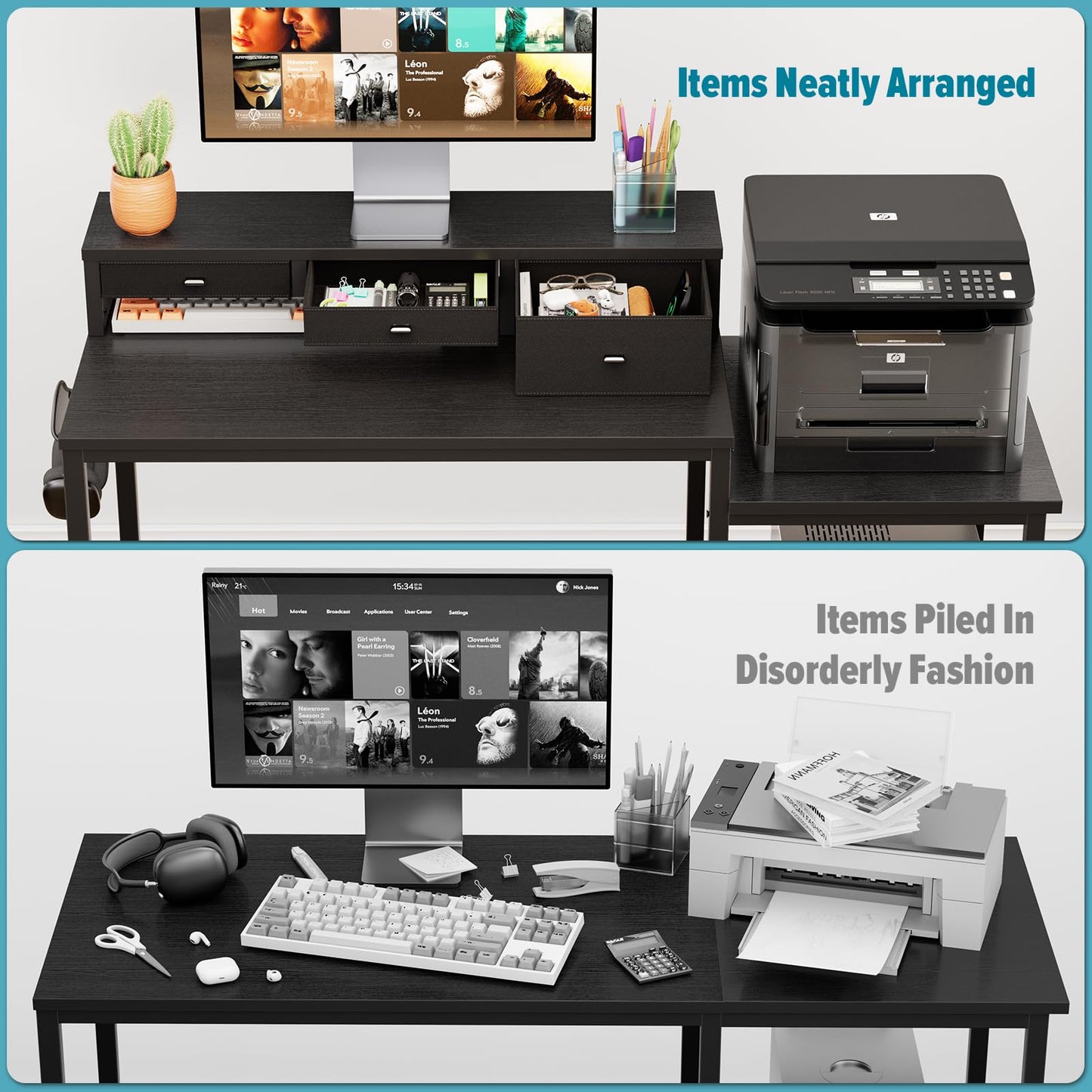 SINPAID 47 inch Computer Desk with Printer Shelf, Gaming Desk with Monitor Stand and Drawers, Reversible Home Office Desk with Storage Shelves and 2 Hooks, Home Workstation for Study Writing, Black
