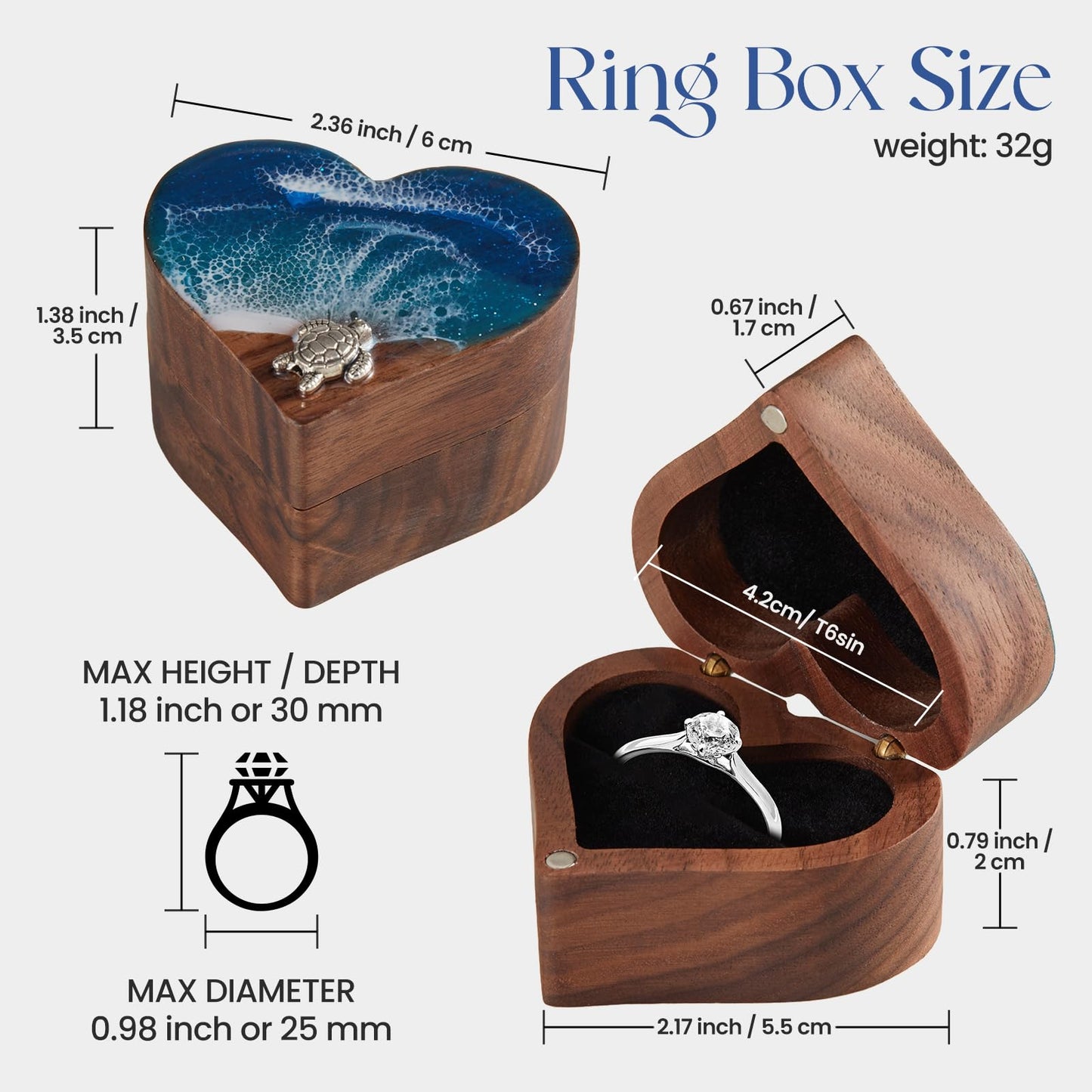 SAMAH Ocean Resin Heart Engagement Ring Box, Personalized Walnut Wooden Ring Box, Ring Display Box for Proposal, Wedding, Anniversary, Valentine's Day, Christmas, Birthday Gifts for Women