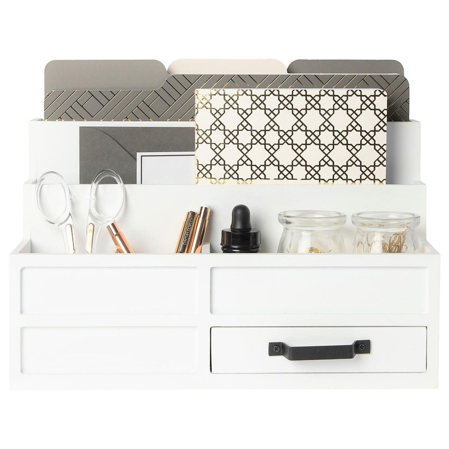 BLU MONACO | White Desktop Organizer with Drawer Storage | Tabletop Organizer with Drawers for Paper Bills Mail | Wooden Mail Organizer for Countertop Workspace