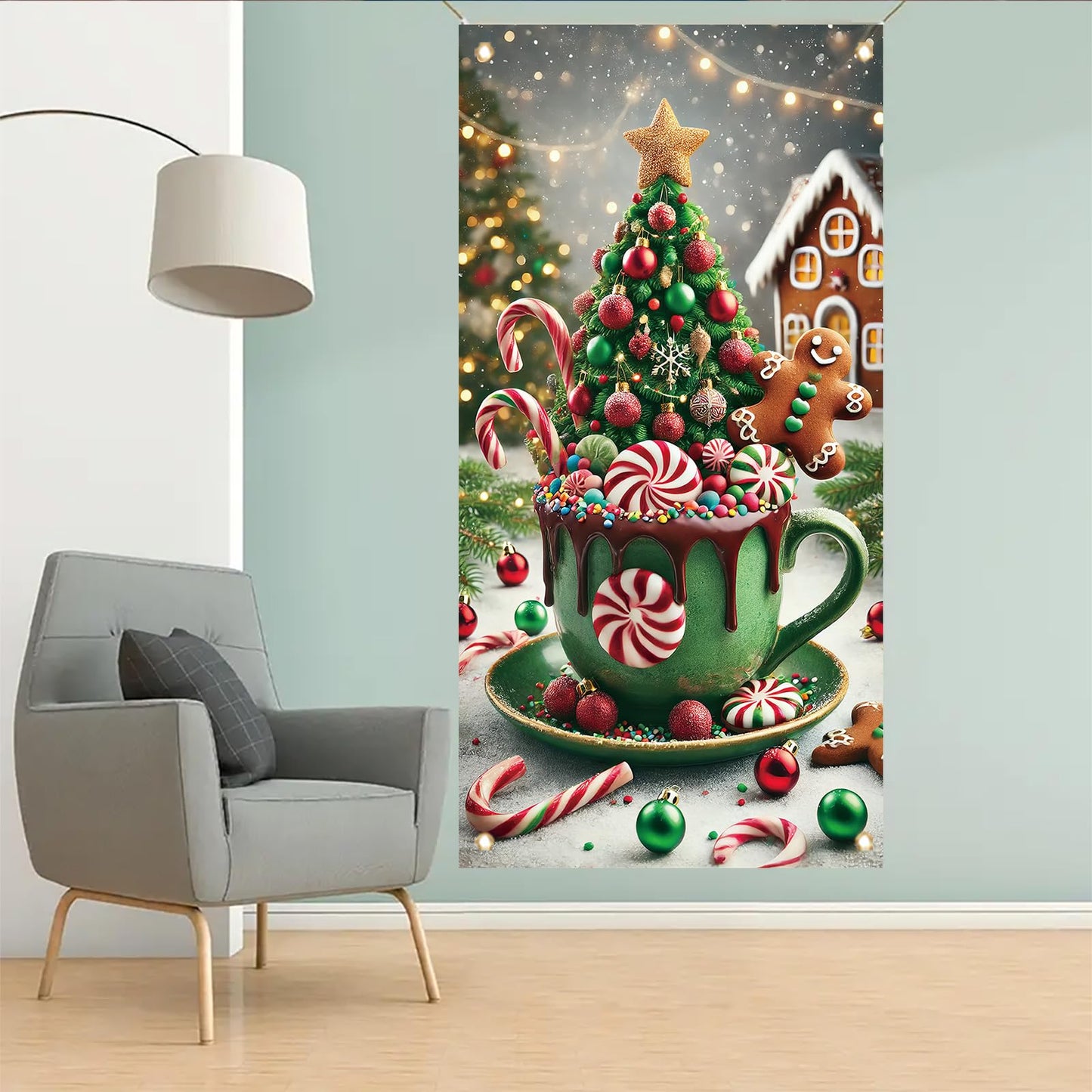 Saoplasa Christmas Door Cover Hot Cocoa Mug Banner 71 x 35 Inch Gingerbread Candy Cane Peppermint Tree Backdrop Holiday Cup Decoration for Christmas Party Wall Hanging Front Door Winter Decor