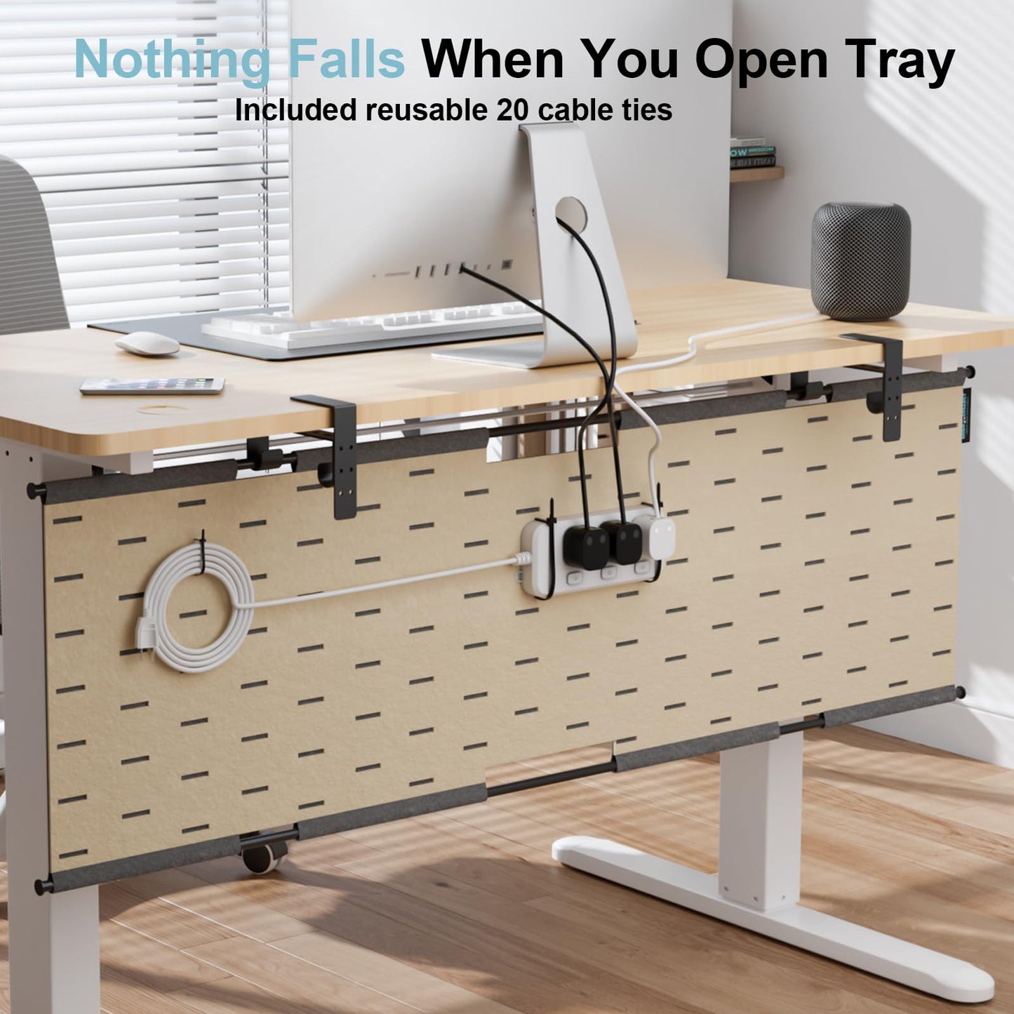 2-in-1 Under Desk Cable Management Tray & Privacy Panel, Dual-Sided Felt Cord Organizer to Hide Wires and Clutter, Desk Mount Cord Holder for Office and Home, Clamp or Screw Mount (Gray/Khaki, 45.2")