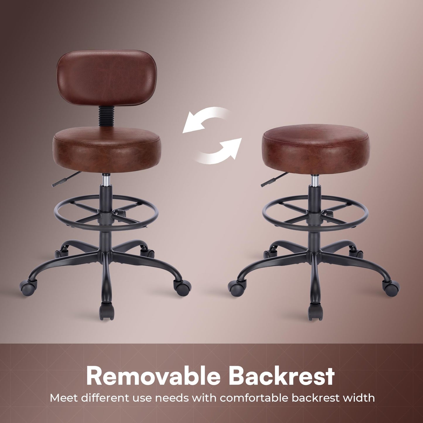 SUPERJARE Drafting Chair with Back, Adjustable Foot Rest Rolling Stool, Multi-Purpose Office Desk Chair, Thick Seat Cushion for Home Bar Kitchen Shop - Rustic Brown