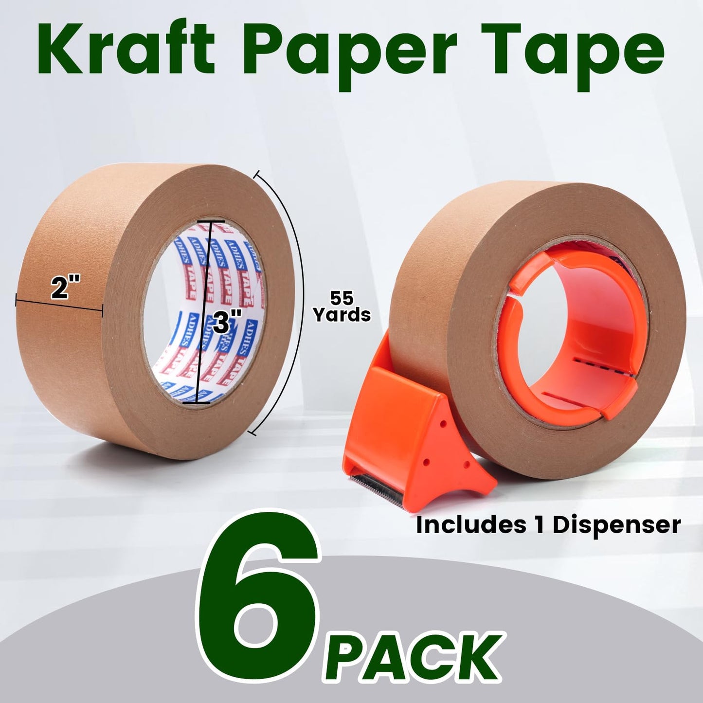ADHES Kraft Paper Tape with Dispenser, 2 in x 55 yds x 6 Rolls – Bulk Eco Friendly Brown Packing Tape, Strong Adhesive, Easy Cut Tape Dispenser for Warehouse & Business Use