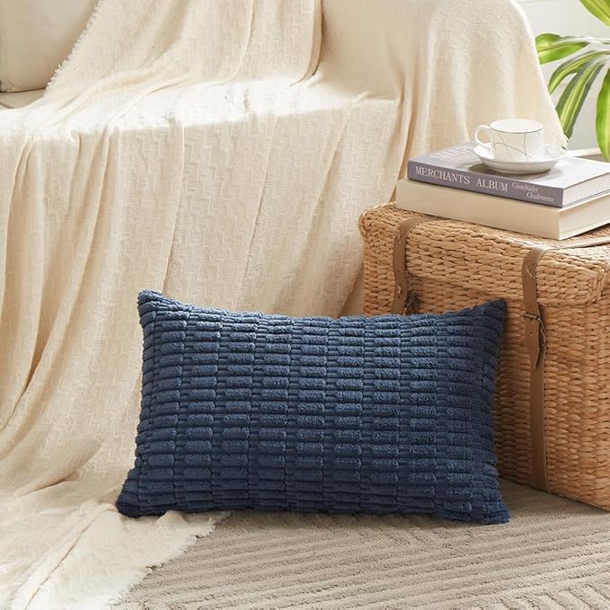 Fancy Homi Dusty Blue Lumbar Decorative Throw Pillow Covers 12x24 Inch for Living Room Couch Bed Sofa, Rustic Farmhouse Boho Home Decor, Soft Striped Corduroy Rectangle Cushion Case 30x60 cm
