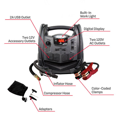 Schumacher Electric Jump Starter and Portable Power Station, SJ1332, 6-in-1, 1200 Peak Amps, 12 Volts, 150-PSI Air Compressor, 200 Continuous Watt Power Inverter, 5 Outlets - DC, AC and USB
