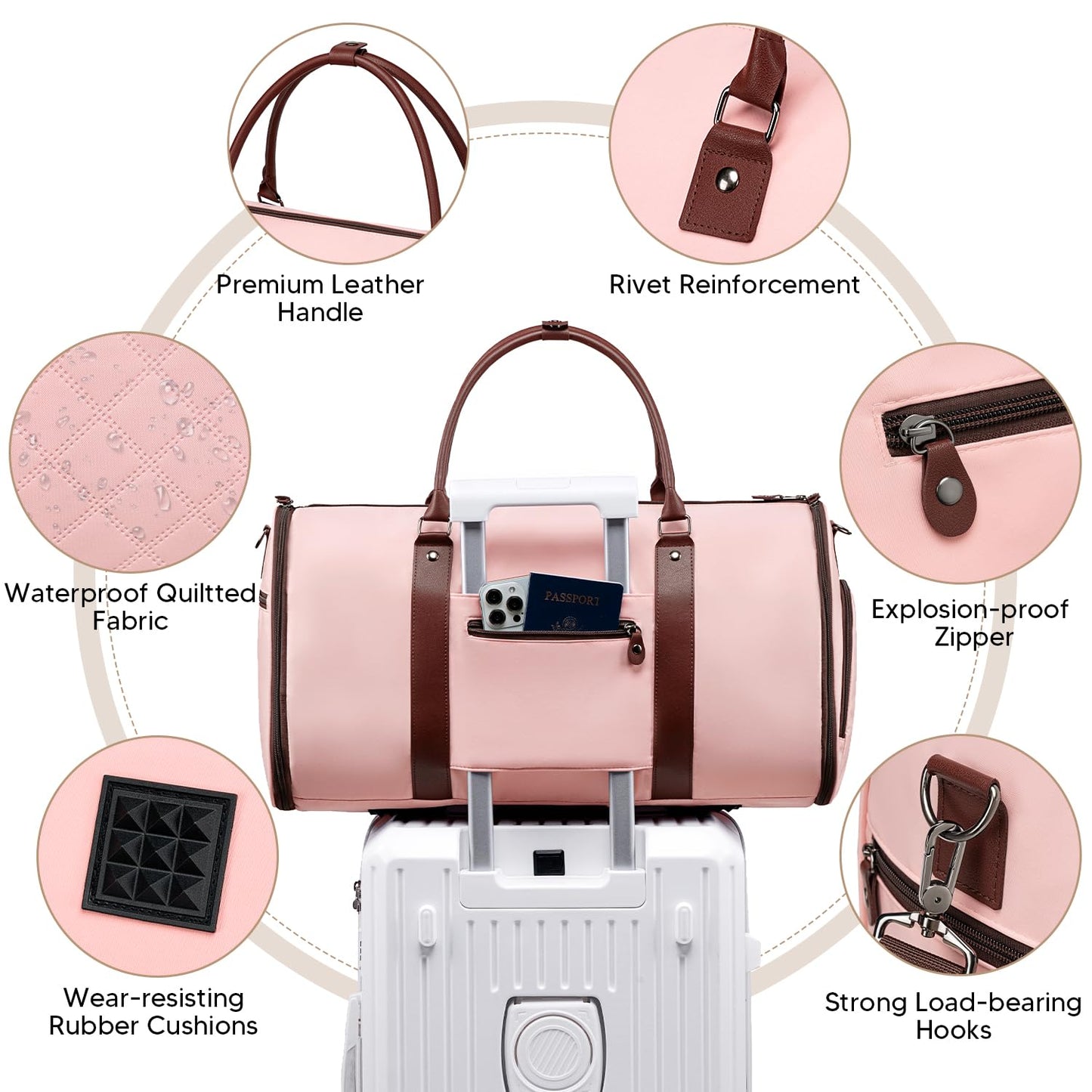 Vessgra Garment Bag for Airplane Travel,Weekender Travel Bag for Women, 2 in 1 Convertable Garment Duffle Bag with Shoes Compartment Carry on Bag Hanging Garment Bag Travel with Shoulder Strap,Pink