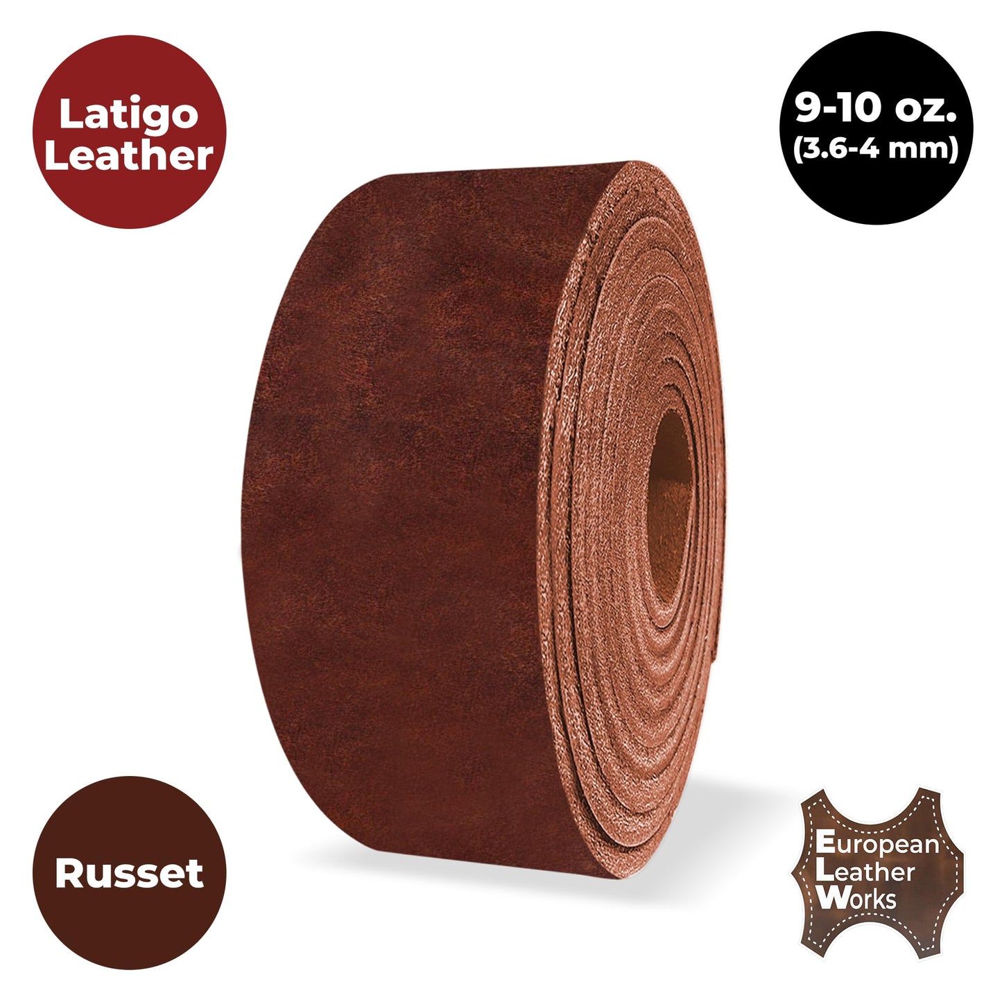 ELW 9-10 oz (3.6-4mm) Latigo Leather Belt Grade Straps & Strips | Size: 1"x50" (2.5x127cm) | Russet | Full Grain Cowhide, Heavy Duty Holsters, Sheathes, Harness, Saddle, Guitar Straps, DIY Crafts