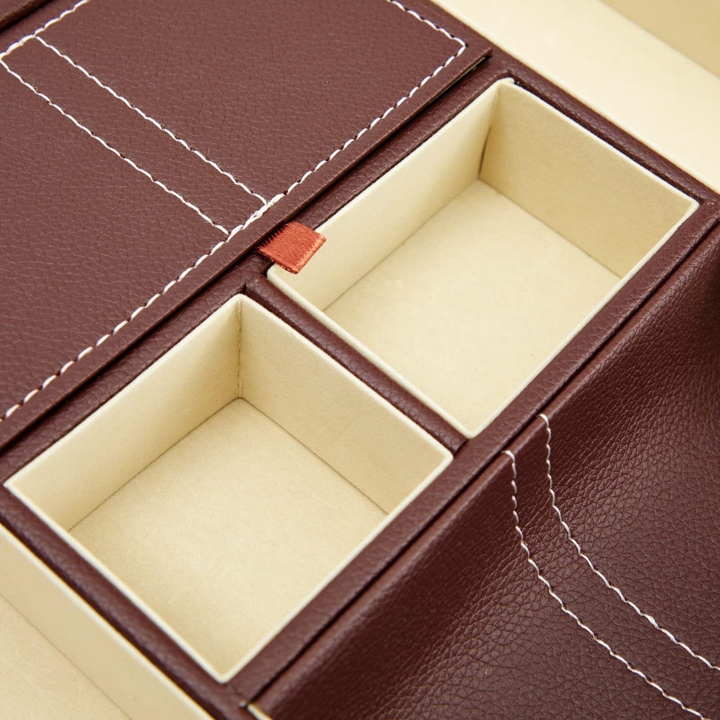 Juvale Rectangular Catchall Tray - 6-Compartment Nightstand Organizer - Polished Key Bowl - Portable Drawer Organizer - Brown Faux Leather