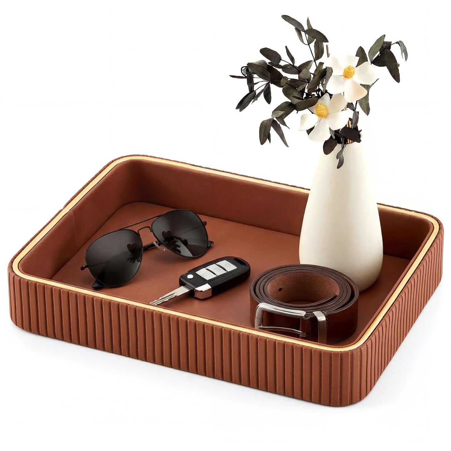 Fiwochic PU Leather Valet Tray 11 x 8 x 1.75 Inch Desktop Storage Organizer Catchall Bedside Table Tray Nightstand Caddy Holder for Men Women Gift for Key Bowl Wallet Phone Coin Vanity Perfume