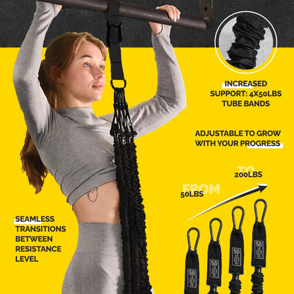 Pull Up Assistance Bands Set - 4 Heavy-Duty Pull Up Bands, Height Adjustable Strap & Comfortable Foot Strap - Stackable Pull Up Resistance Bands for Pull Ups (Black)