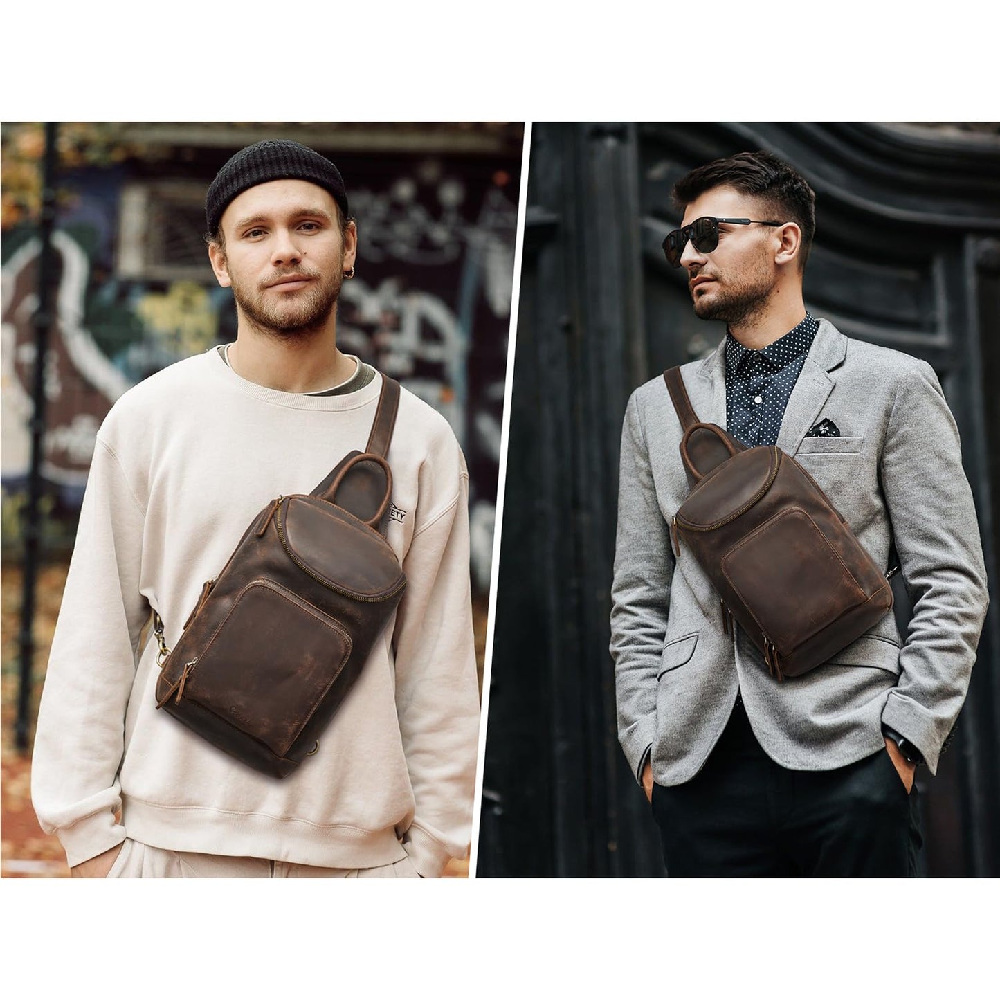 S-ZONE Sling Bag for Women Men Genuine Leather Vintage Crossbody Chest Bags Backpack Daypack Outdoor Travel