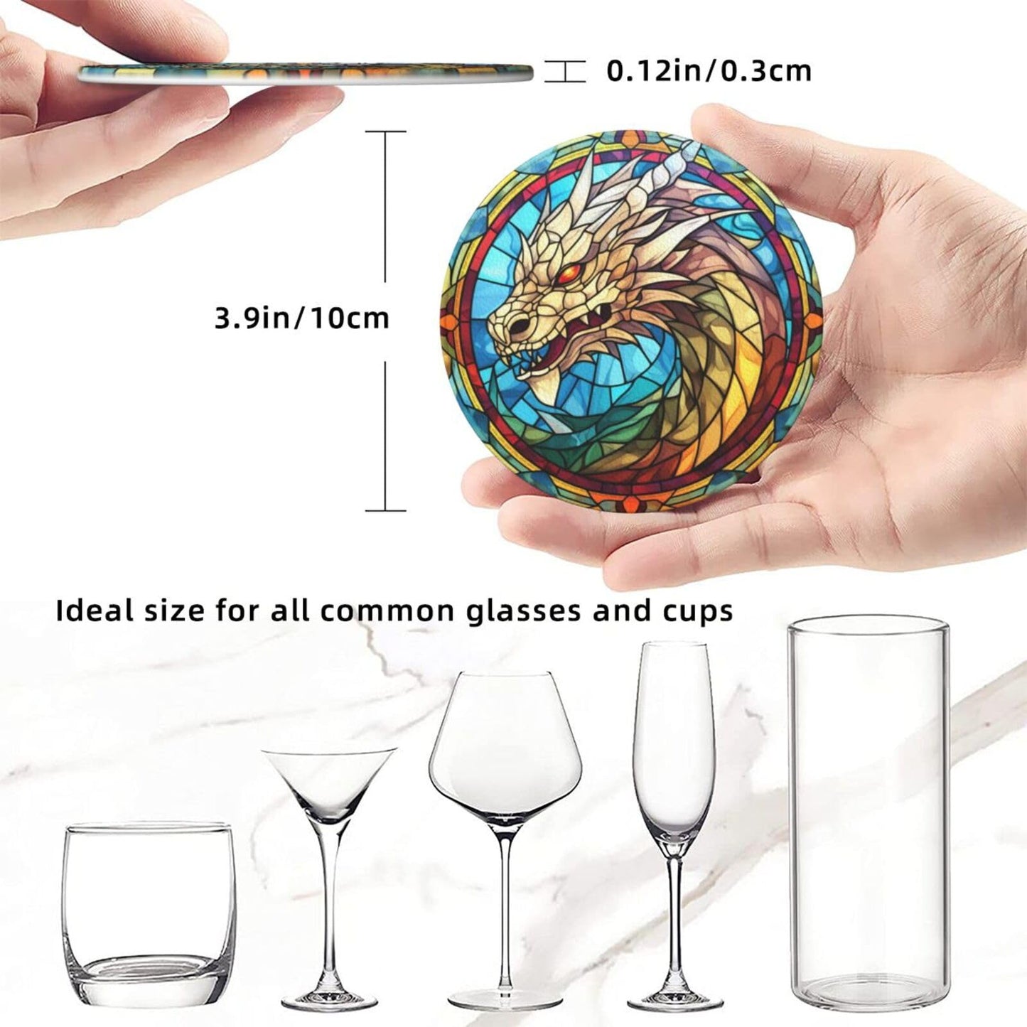 Dragon Drink Coaster Set of 6, Dragon Decor Gifts, Leather Drink Coasters with Holder, 6 Pack Cup/Bar/Drink Coasters for Table/Drinks/Coffee Protection Housewarming Gift (Dragon)