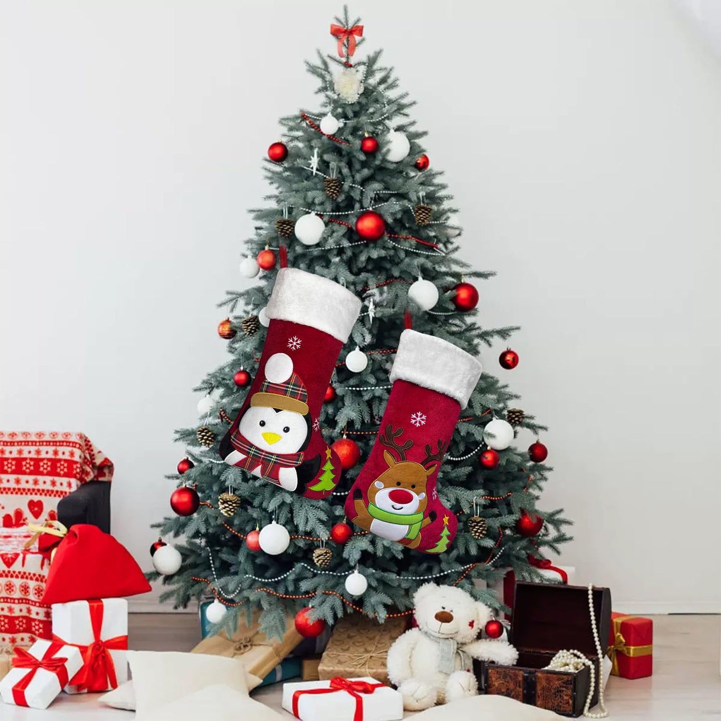 Animal Christmas Stockings with Lined, 20 inch Velvet 3D Deer, Penguin, Reindeer, Bear Snowman Xmas Stockings for Kids Girls Boys Christmas Decorations (Red Penguin)
