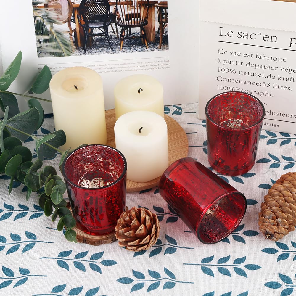 BTGLLAS 6pcs Red Glass Tea Light Holders - Votive Candle Holders Bulk for Weddings Events - Glass Votives for Wedding Centerpieces, Christmas, Thanksgiving - Candle Accessories Decor (6, Red)