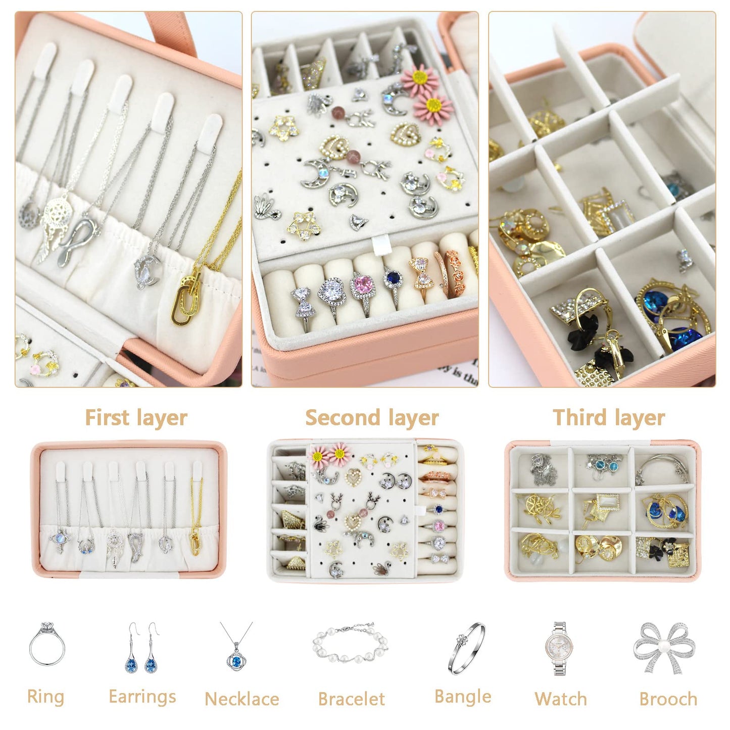 KOOAAICCHI Small Jewelry Box, Travel Jewelry Organizer, Portable Jewelry boxes for Women Girls Gift, Double Layers PU Leather Jewelry Holder for Rings, Earrings, Necklaces-Pink
