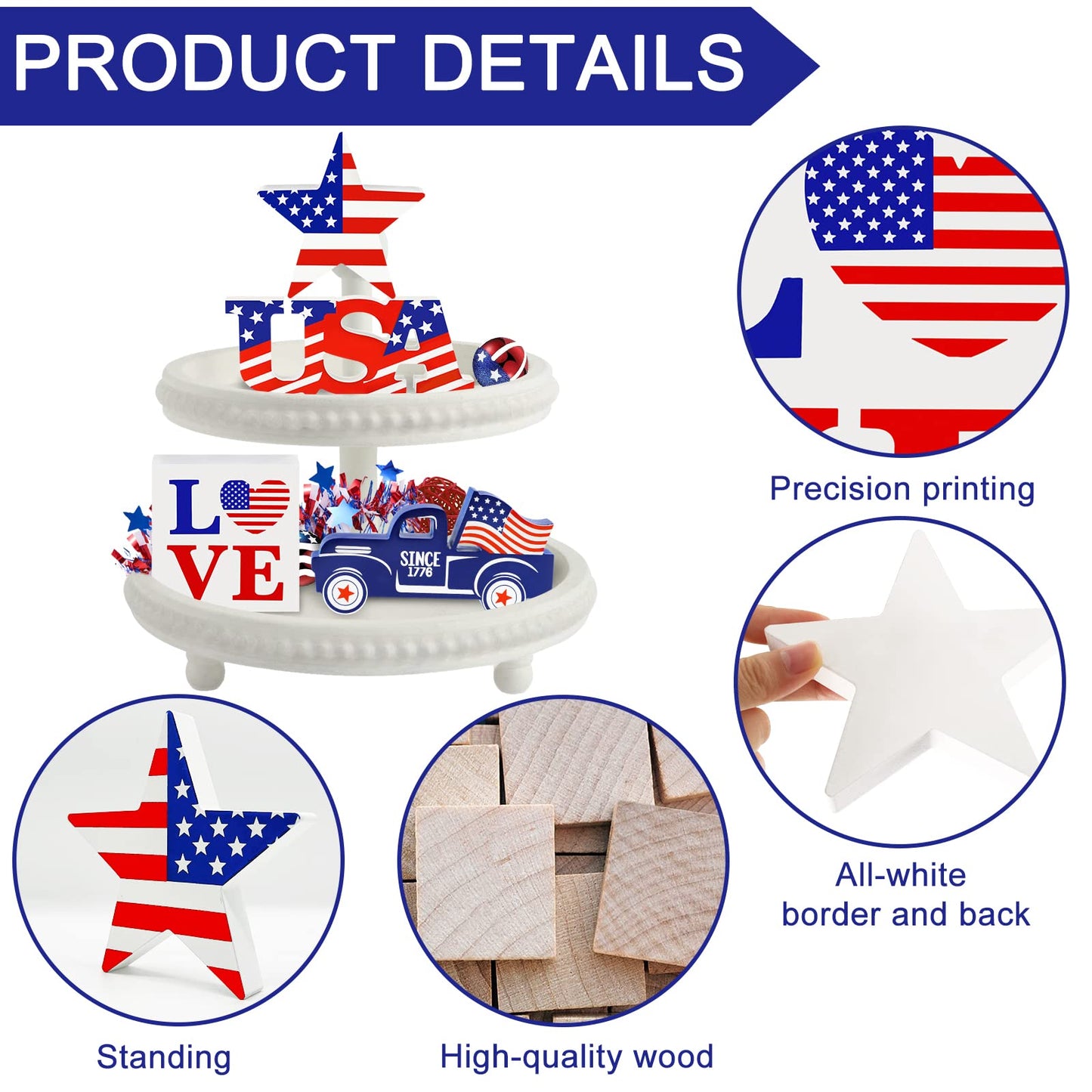 4th of July Decor Patriotic Decorations 4Pcs Wooden Star USA LOVE Car Sign Fourth of July Table Decorations Memorial Day Red White and Blue Decor