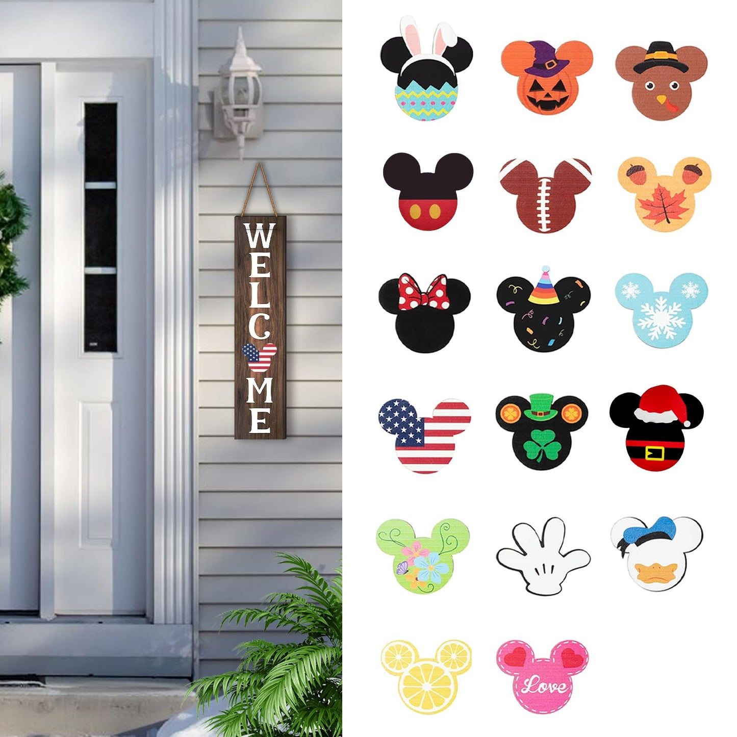 FUEMEILY 15.7'' Cute Mouse Seasonal Interchangeable Home Sign for Front Porch,18pcs Interchangeable Hanging Vertical Welcome Door Sign for Farmhouse/Wall/Porch Decor and Housewarming Gift