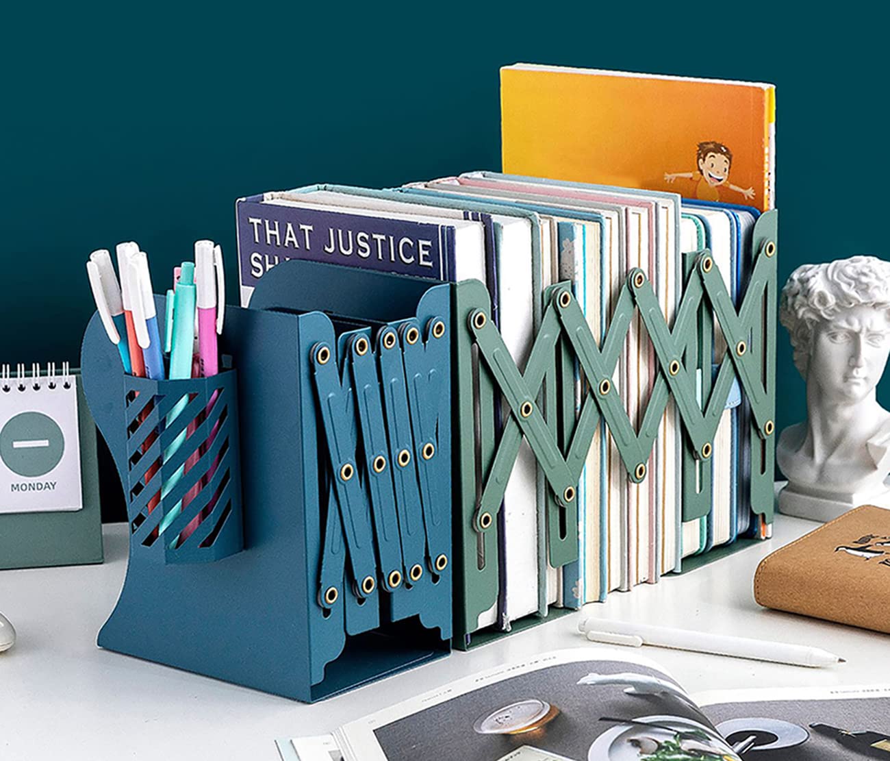 Kingsmile Book Ends, Adjustable Bookends for Shelves, Metal Bookends for Heavy Books, Book Stopper Organzier with Pen Holder for Desk, Kids Room, Office, Classroom, Library, Study Room.(Green)