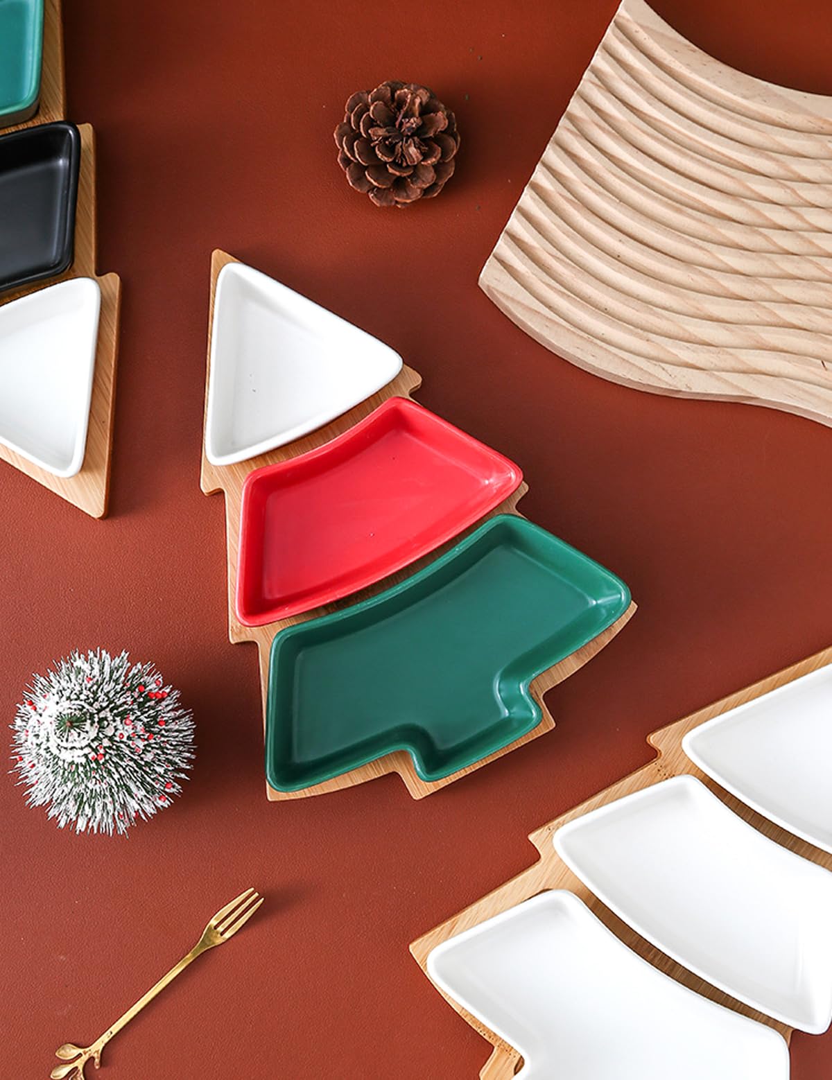 Colorful Christmas Tree Plate Chip & Dip Set, 12'' Ceramic Snack Plate with Bamboo Tray, Removable Porcelain Christmas Tree Appetizer Dessert Fruit Salad Saucers Bowl Cutlery Platter Serving Dish