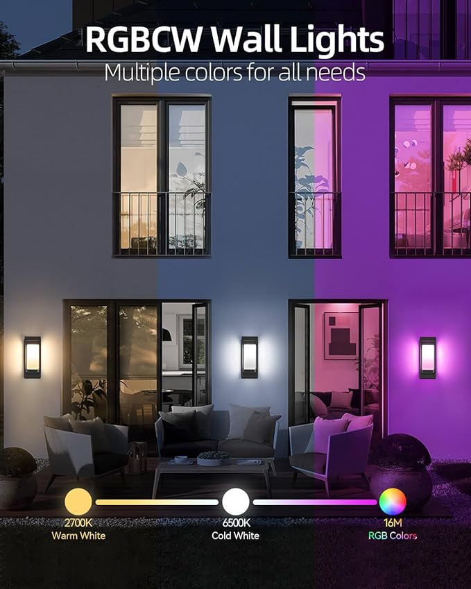 Smart Outdoor Wall Light, RGB Color Changing Sconce with App & Voice Control, Dusk to Dawn Outdoor Lighting, Adjustable 2700K–6500K, Waterproof Exterior Light Fixture for House Porch Garage, 2 Pack