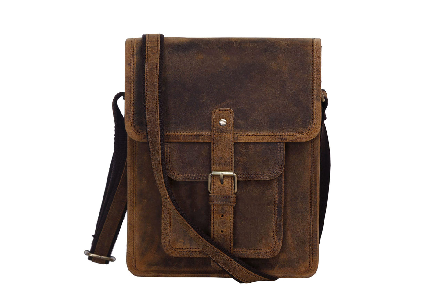 Leather crossbody bag messenger satchel tablet bag 11 inch for men and women (Distressed Tan Pocket)