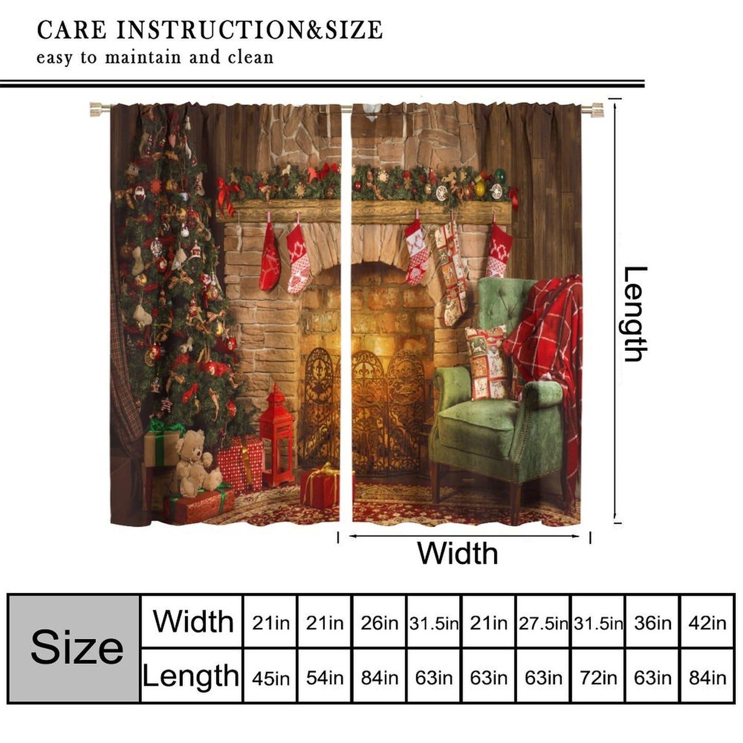 FengMingRui Christmas Window Curtain for Bedroom Fireplace Printed Window Treatment Winter Holiday Christmas Decor Window Drapes 52" W X 84" L