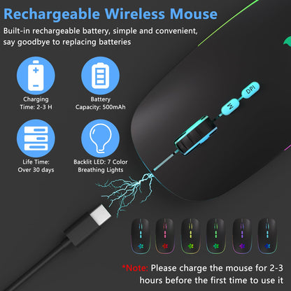 KARFUN Wireless Mouse, Backlit LED Portable Slim Computer Mouse for Laptop, PC, Computer, MacBook, iPad, Chromebook, Notebook, 2.4G Rechargeable Wireless Mouse (Black) (Black-Transparent Nose)