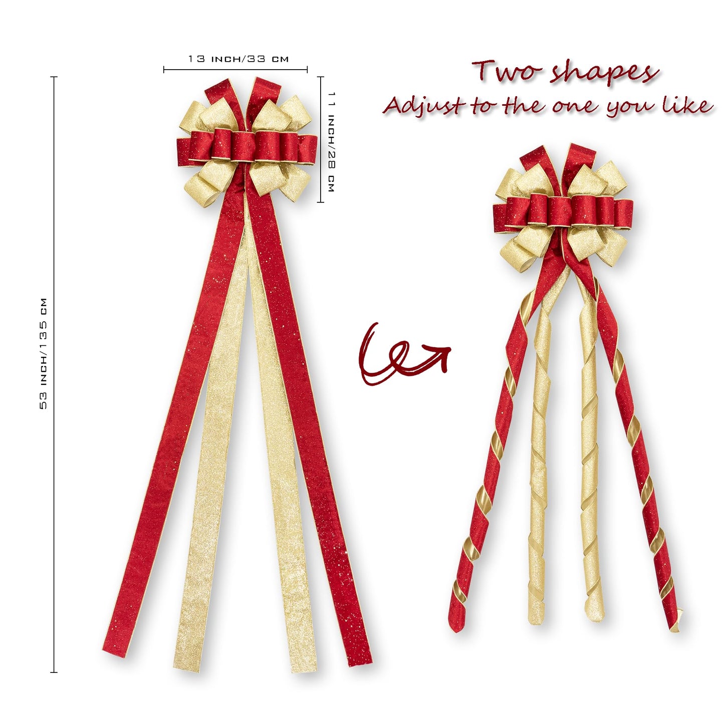 Hismir Christmas Tree Topper Bow，53x13 Inches Large Christmas Bow with Glitter Streamer，Decorative Bows for Xmas Tree Wreath Door Festival Home Decor(Red Gold)