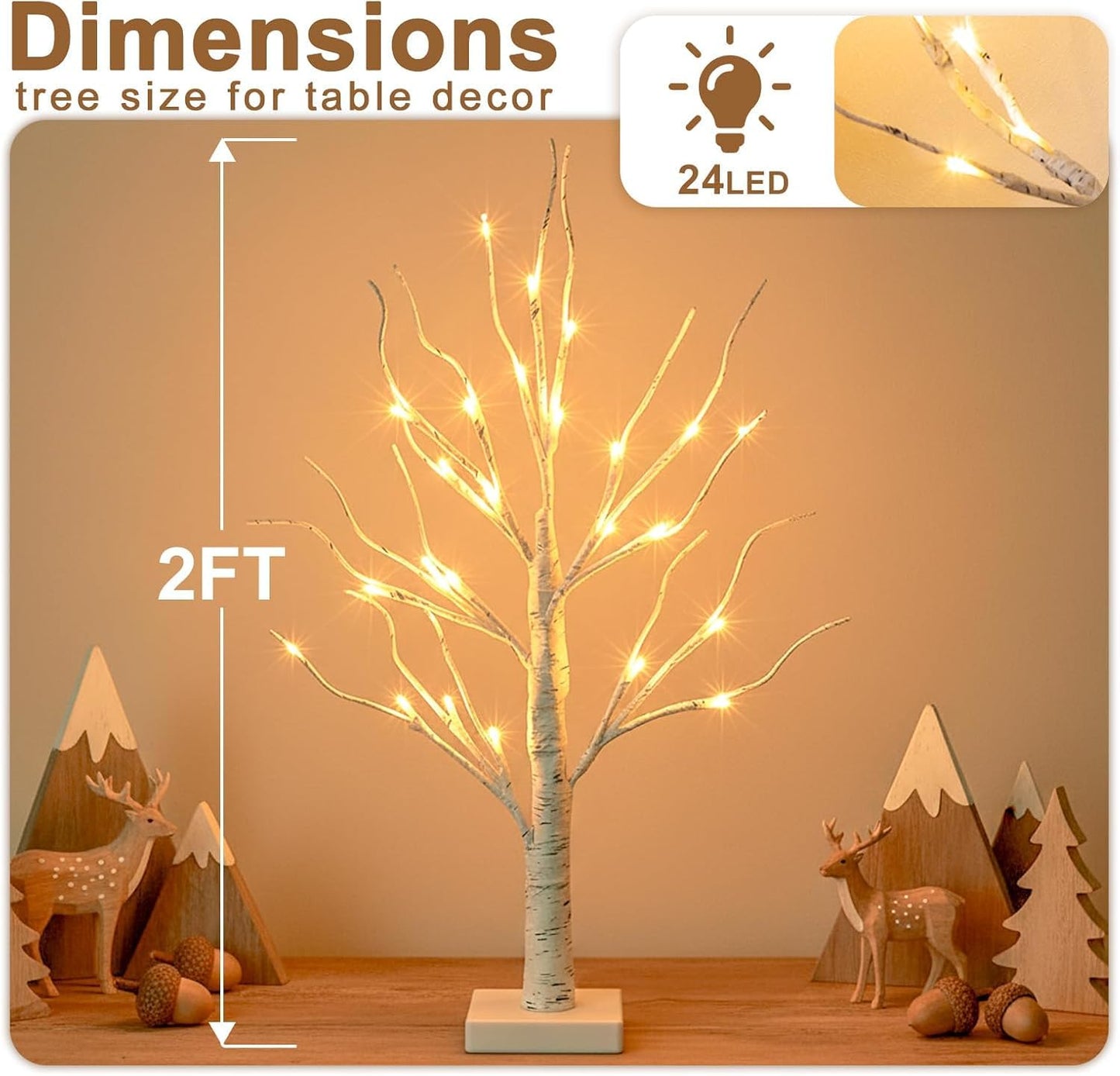 EAMBRITE Lighted Birch Tree Home Decor, Christmas Decorations Indoor 2Pack 24 LED Light Up Tabletop Mini Small Artificial White Trees Lamp with Lights Battery Operated/USB for Table Mantel (2FT)