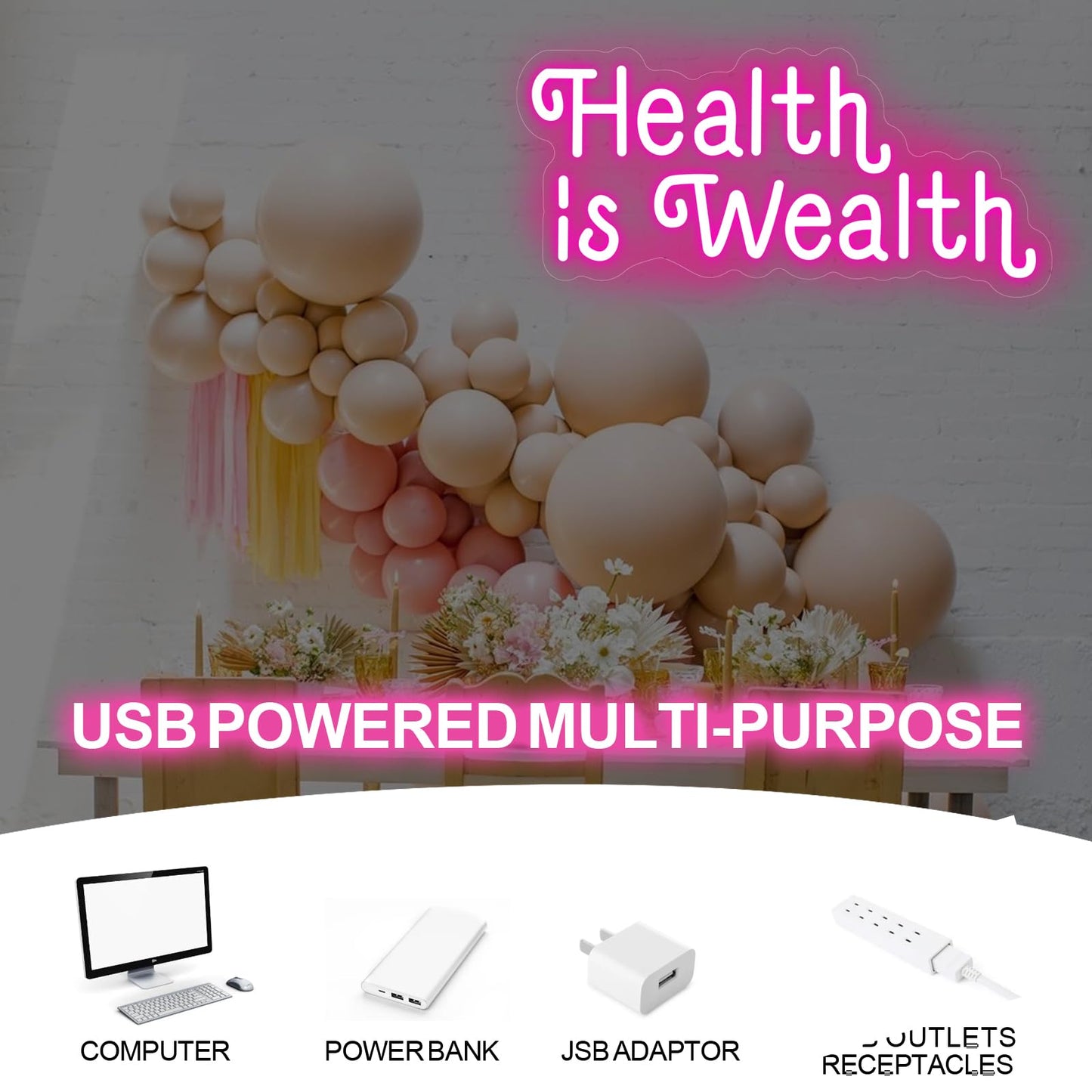 Health is Wealth Neon Sign,Health Decor Light,Fitness Club Decor,Gym Led Wall Decor,Inspirational Quote Sign,Health Gift,Mother's Day gift, Encouraging Light, Pink Led light for Bedroom, Club, gifts For Women
