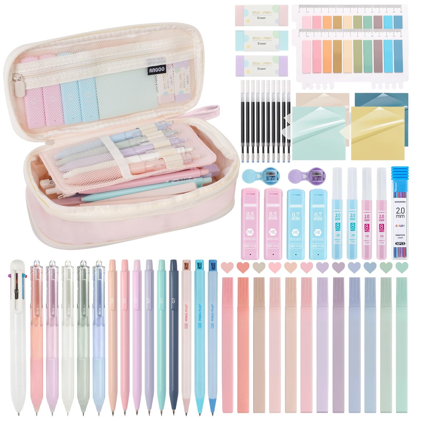 GUGUKUKU 58 PCS Aesthetic School Supplies with Cute Pencil Case,12 Pastel Highlighters, 5 Gel Pens Black Ink，9 Mechanical Pencils for，Student Stationary，CollegeEssentials Gifts (pink)