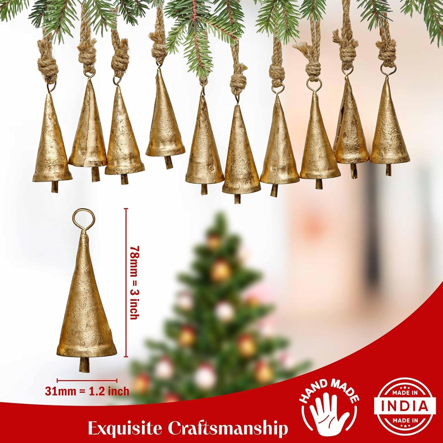Christmas Bells for Decoration –Set of 6 Rustic Cow Bells for Hanging with Jute Rope – Gold Bells for Crafts - Tree Decoration Ornaments
