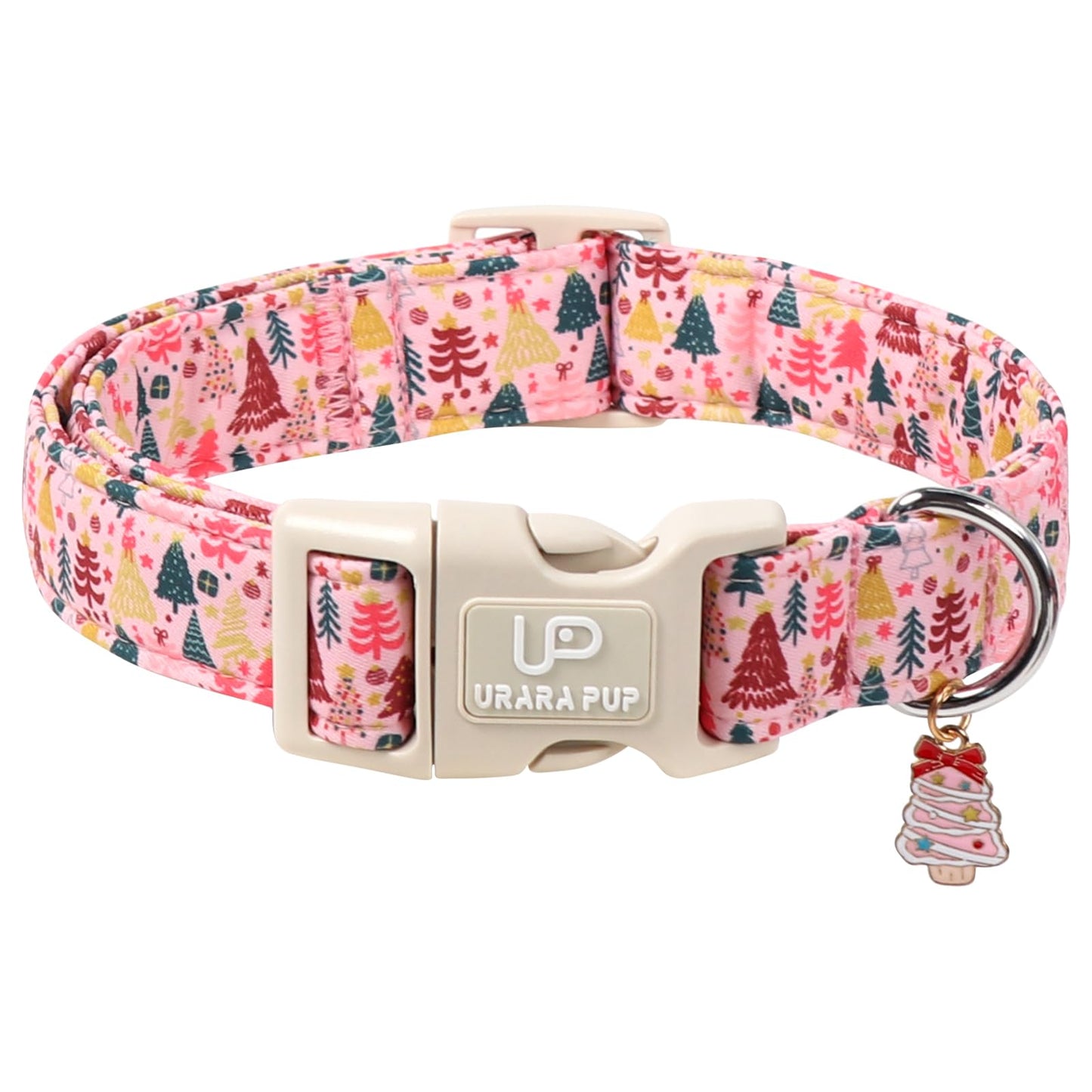 UP URARA PUP Christmas Dog Collar, Pink Christmas Tree for Dogs, Adjustable Pet Collar with Cute Xmas Tree Pendant, Festive Winter Dog Accessories for Small Medium Large Dogs M