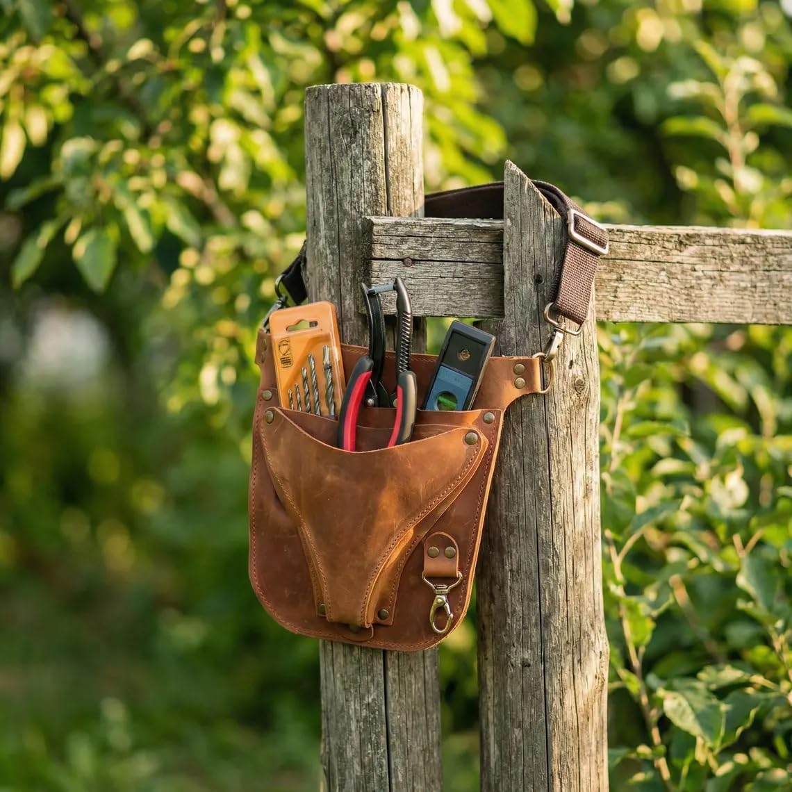 TORAKIP Leather Florist Tool Belt – Garden Tool Pouch with Adjustable Belt, Genuine Leather Gardening Waist Bag for Florists & Gardeners, Utility Floral Tool Holder, Warm Brown