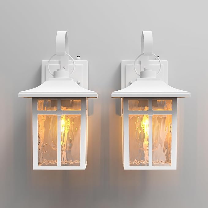 2 Pack Outdoor Dusk to Dawn Wall Lights, Outdoor Light Fixtures Wall Mount with Ripple Glass, Modern White Porch Lights, Aluminum Outoor Sconce Light for Entryway, Garage, Patio