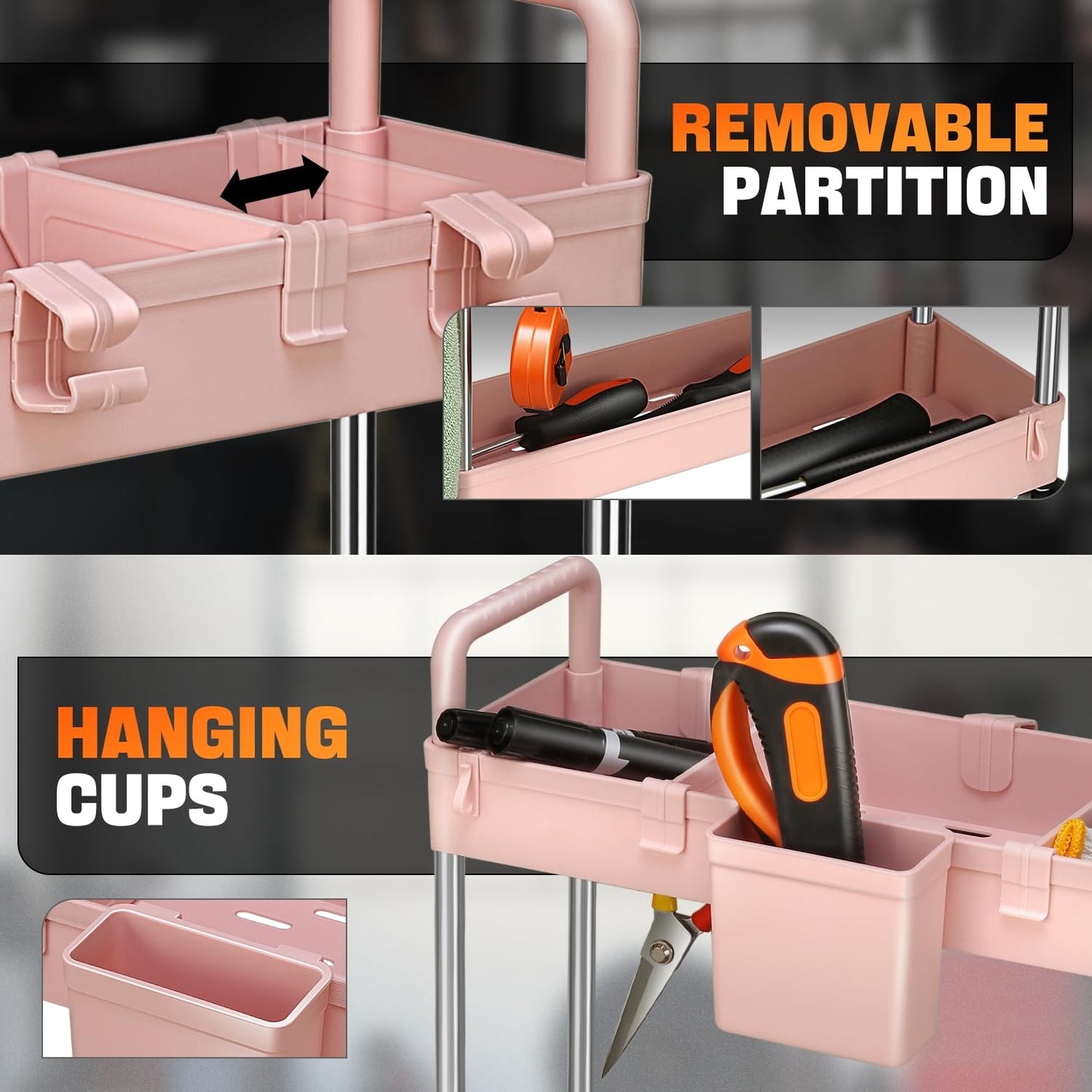 Auto Dynasty 3 Tier Slim Rolling Cart with Handle, Multifunction Utility Storage Rolling Cart, Movable Storage Organizer with Wheels for Office, Bathroom, Kitchen, Narrow Places (Pink)