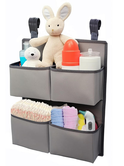 KIKJOK Hanging Diaper Organizer for Crib/Playpen/Bassinet – Hold 80+ Diapers - 4 Deep Pockets-H19in x L15 in Changing Table Diaper Holder - Hanging Diaper Stacker Nursery Caddy Organizer - Grey