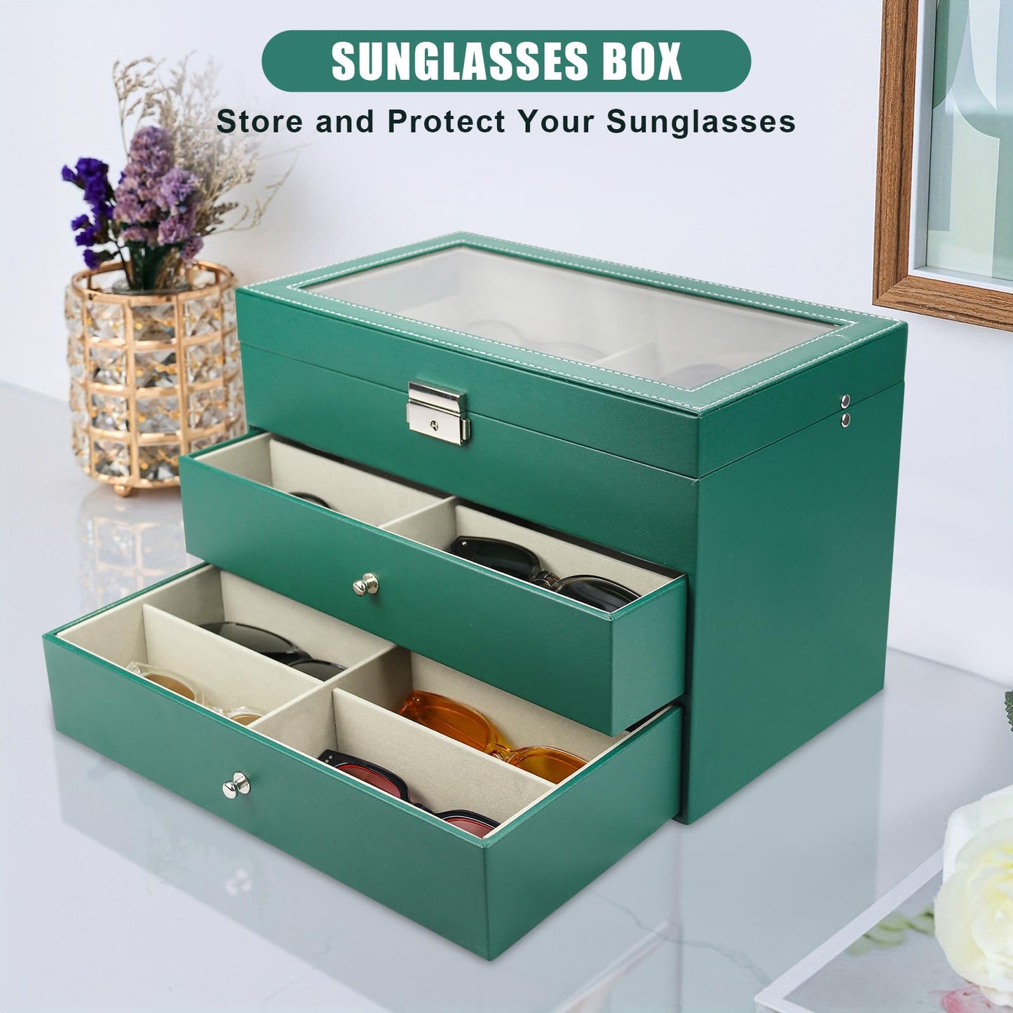 GRTCZYSL Sunglasses Organizer 18 Slots, Multiple Pairs Glasses Storage Case Leather Eyeglasses Display Box for Women Men -3 Layers, Green