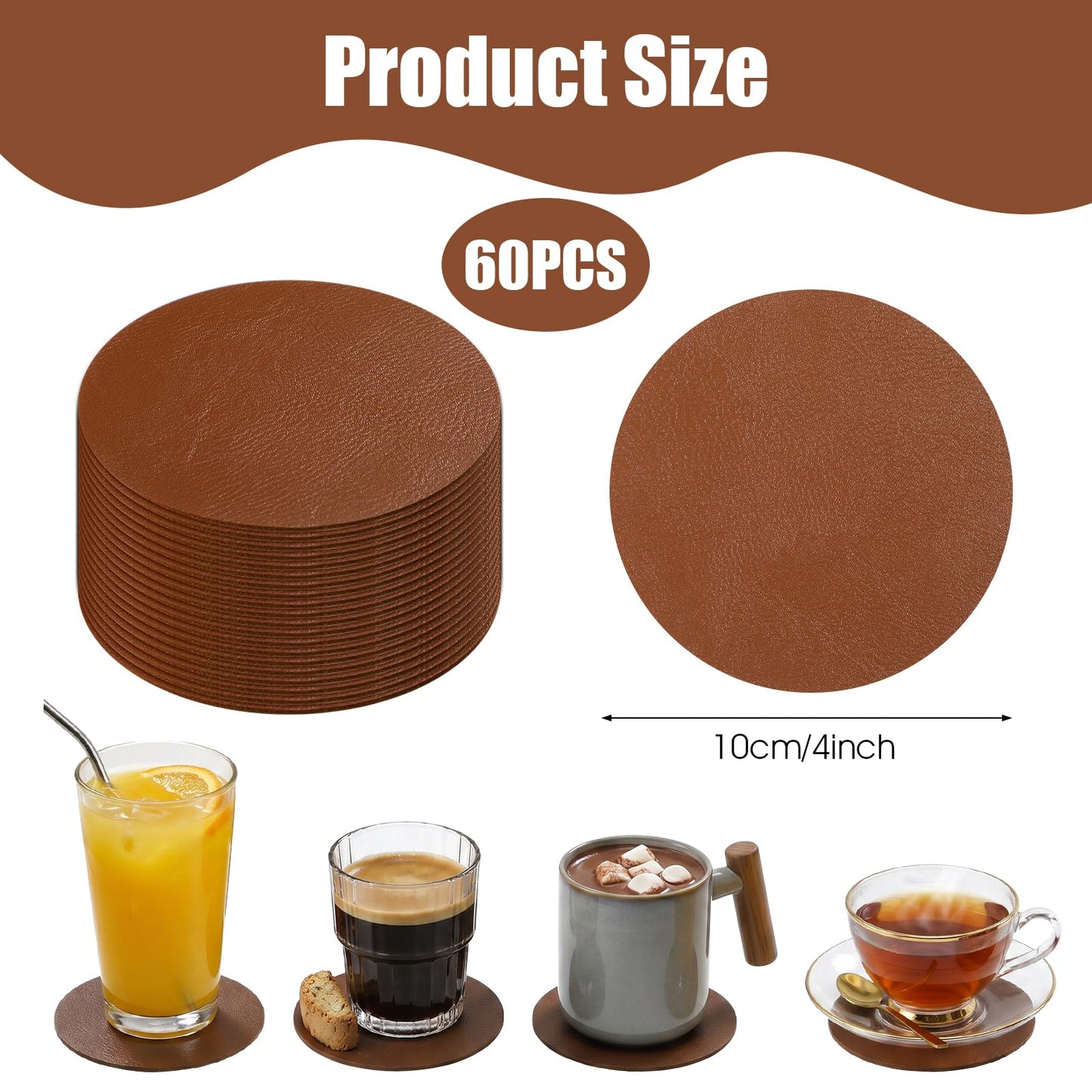 Oqqlin 60 Pcs PU Leather Coasters, 4 Inch Round Leather Coasters 10 mm Thickness Brown Drink Coaster for Home, Coffee, Tabletop Protection, Home Decoration